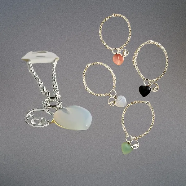 Pulsera Acero Blanco con doble Dije de acero y Piedra