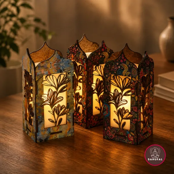 Velador Decorativo de MDF 20 cm – Diseño Floral con Luz Cálida LED