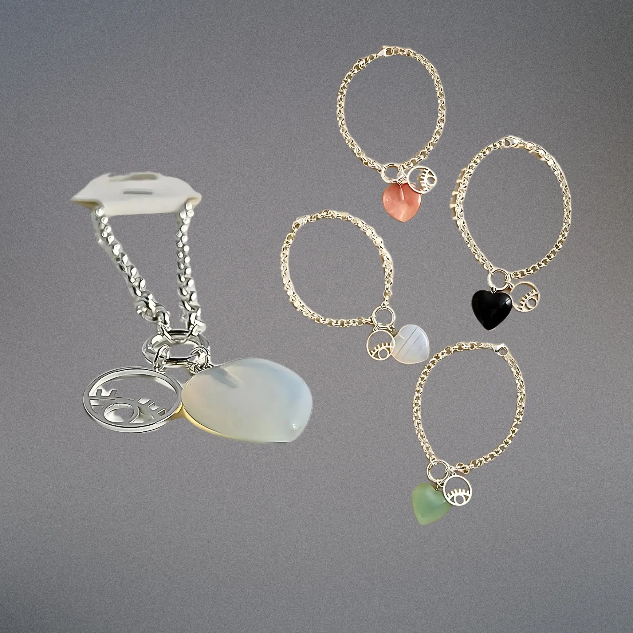 Pulsera Acero Blanco con doble Dije de acero y Piedra
