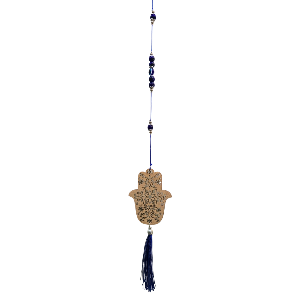 Colgante Mano de Fátima calada con borla azul chico 45cm Sahufal