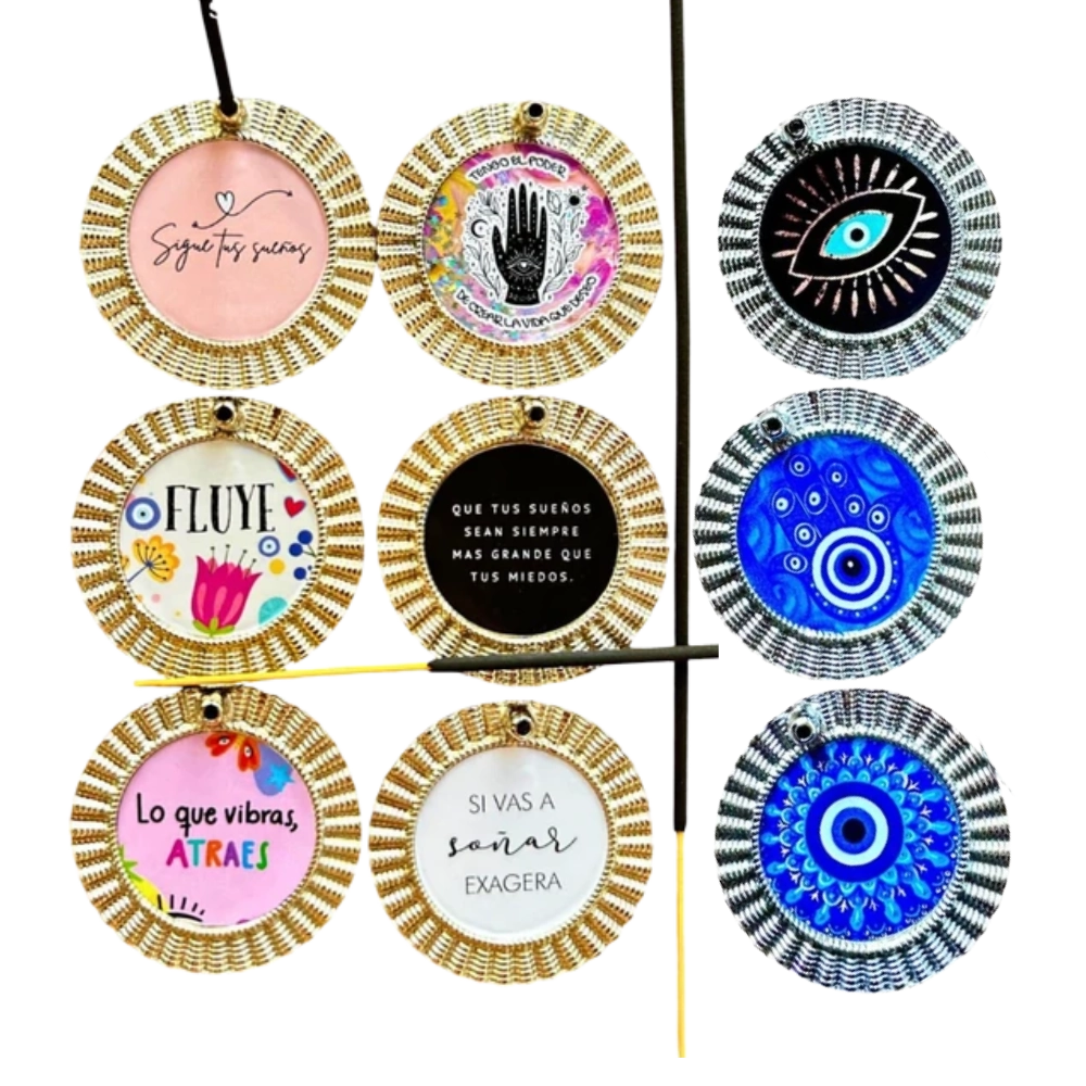 Porta Sahumerio Redondo Metálico Dibujos Frases Varios Sahufal