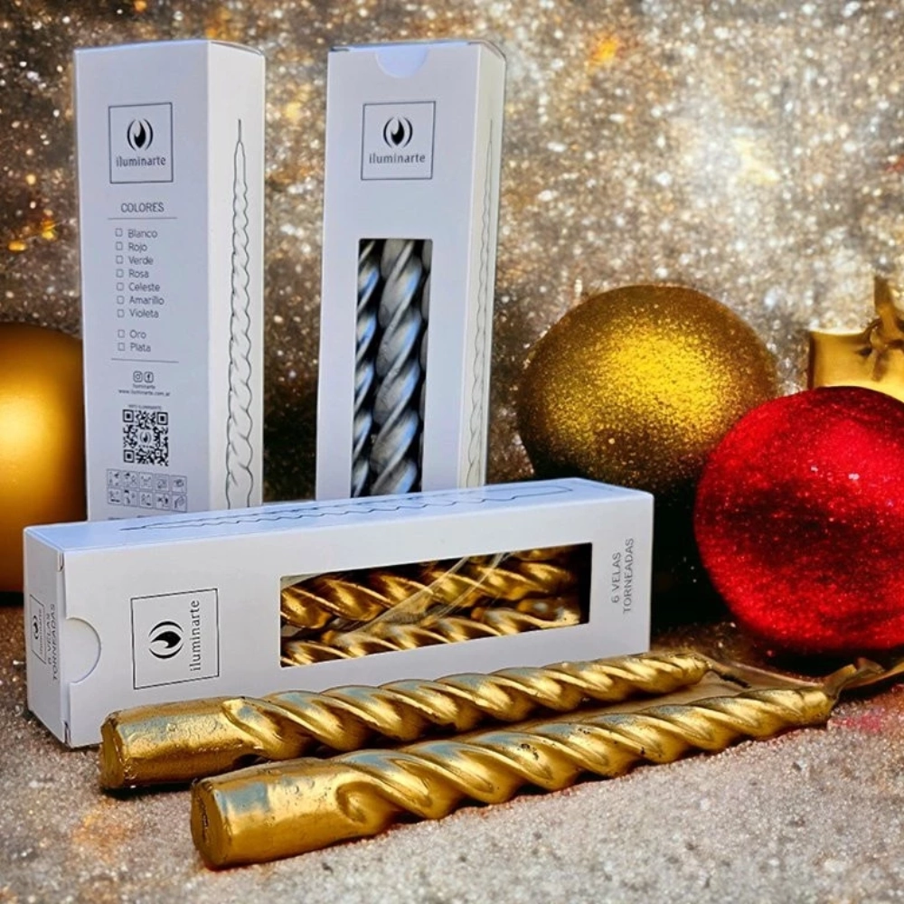 Vela Torneada Mediana 20 cm Caja x 6 unidades Oro - Plata Iluminarte