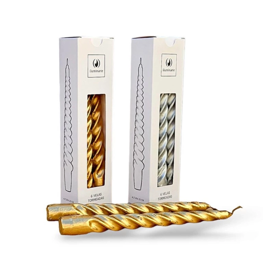 Vela Torneada Mediana 20 cm Caja x 6 unidades Oro - Plata Iluminarte